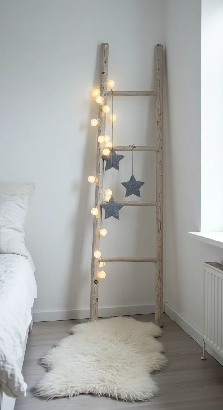 Escalera de madera decorada con luces de bola y estrellas de fieltro grises junto a una cama.