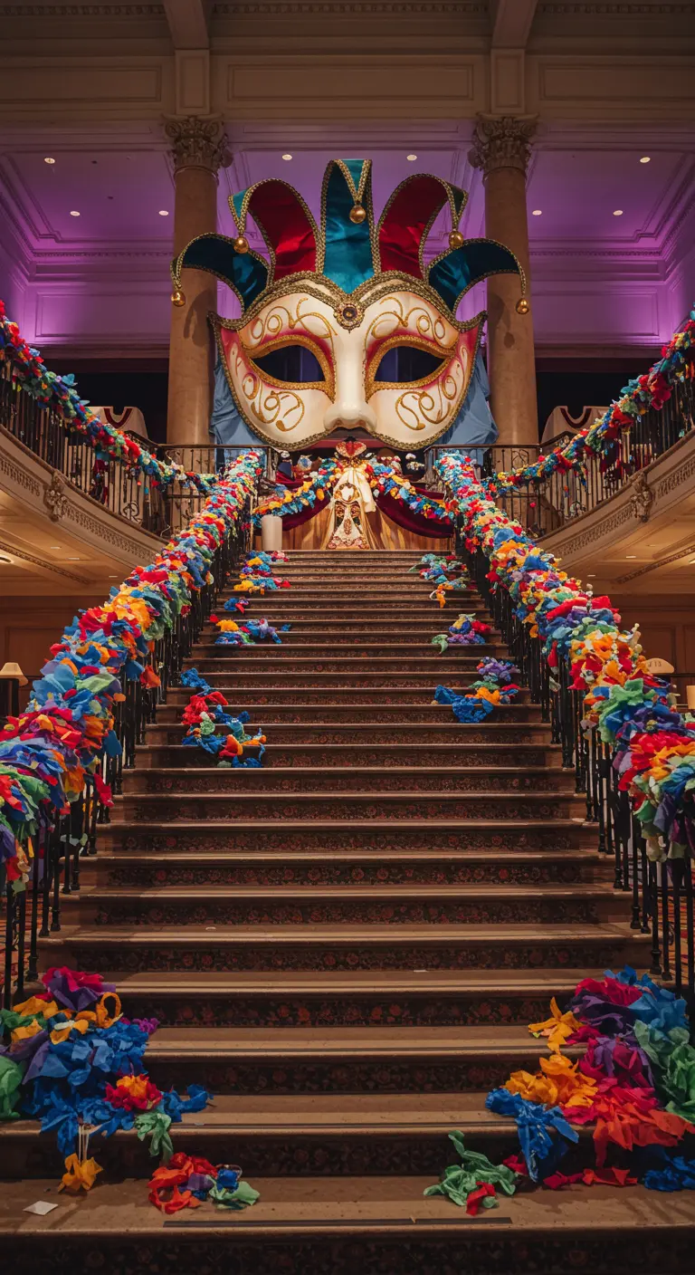 Escalera señorial decorada con una gran máscara y guirnaldas de papel de colores en la barandilla.