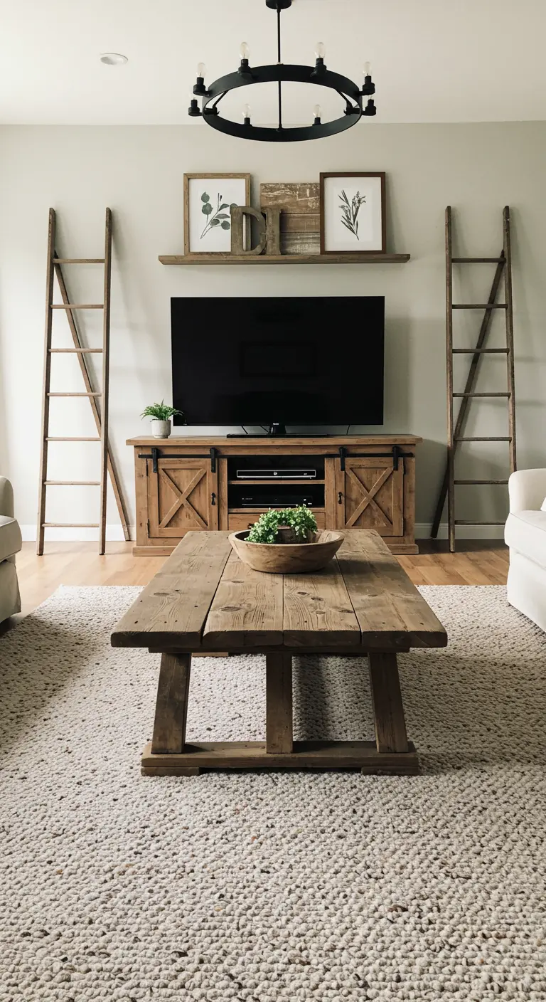 Sala de estar rústica con dos escaleras de madera antiguas usadas como elementos decorativos.
