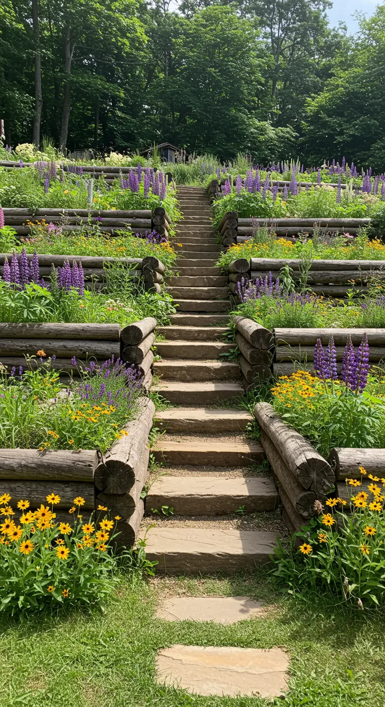Escalera de jardín con bancales de troncos de madera a diferentes alturas llenos de flores