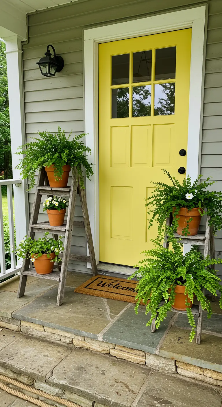 Puerta amarilla brillante flanqueada por dos escaleras de madera usadas como estanterías para plantas.