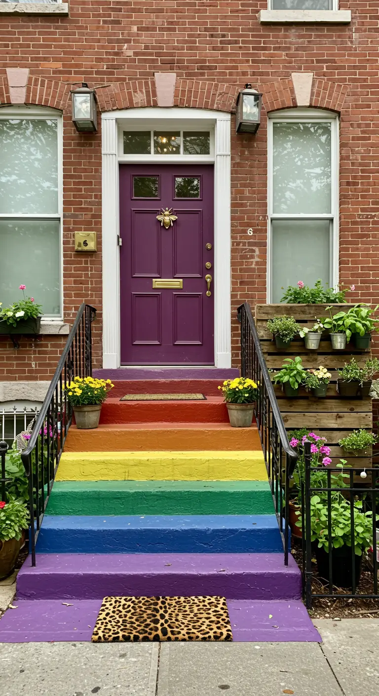 Escalones de entrada pintados con los colores del arcoíris y una puerta morada