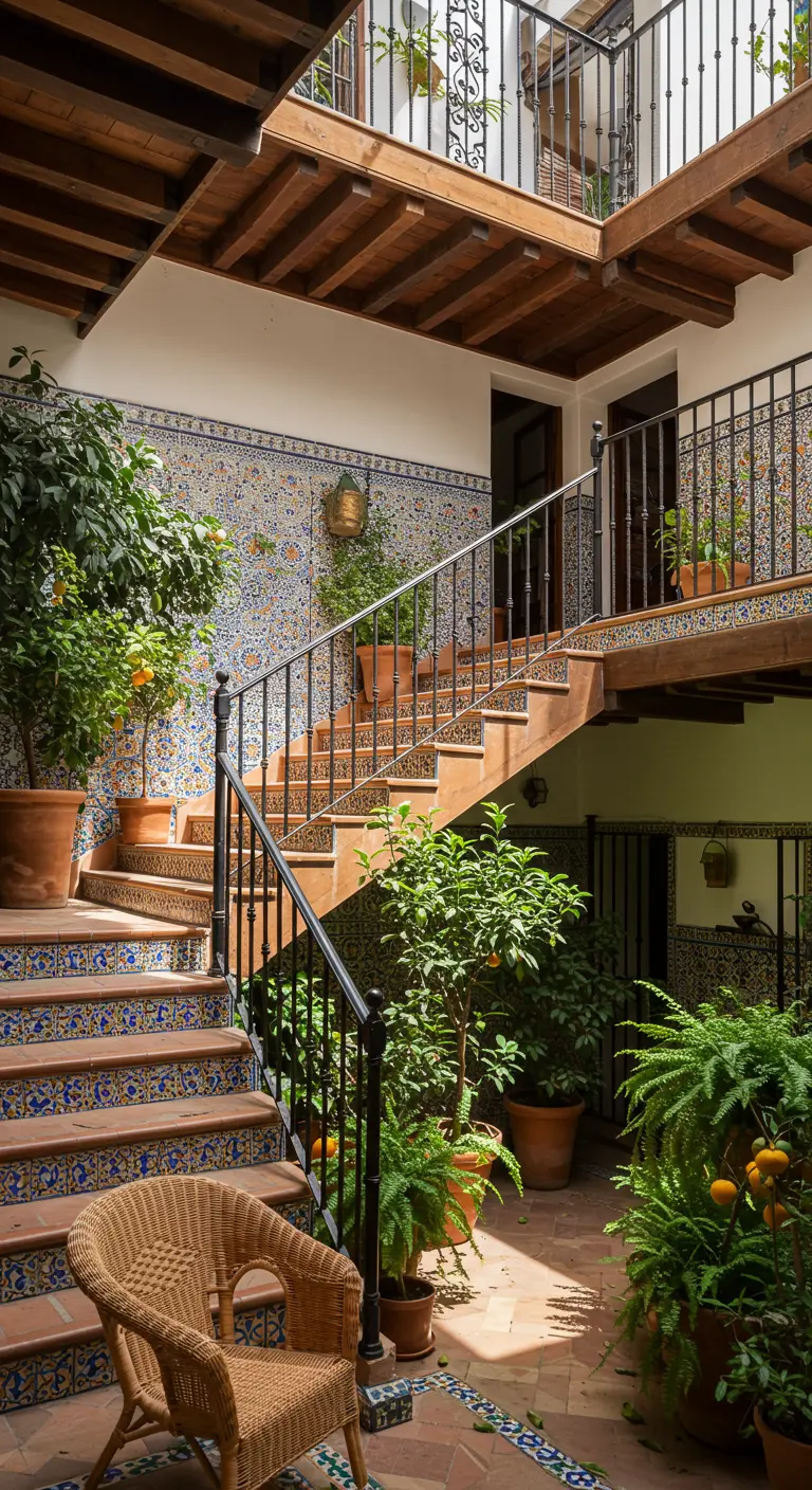 Escalera interior de un patio andaluz con contrahuellas de azulejos de colores y plantas