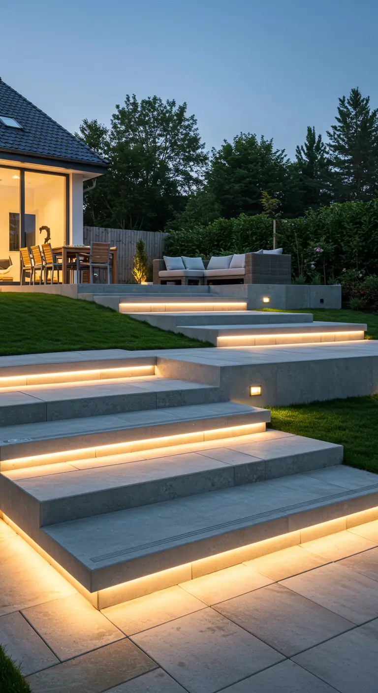 Escalera exterior de hormigón con tiras de luz LED cálida bajo cada peldaño.