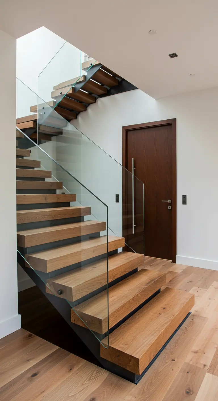 Escalera moderna con peldaños de madera gruesa, estructura de metal y barandillas de cristal.