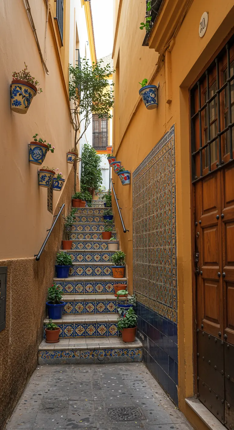 Escalera exterior estrecha con contrahuellas de azulejos de colores y macetas en los peldaños.