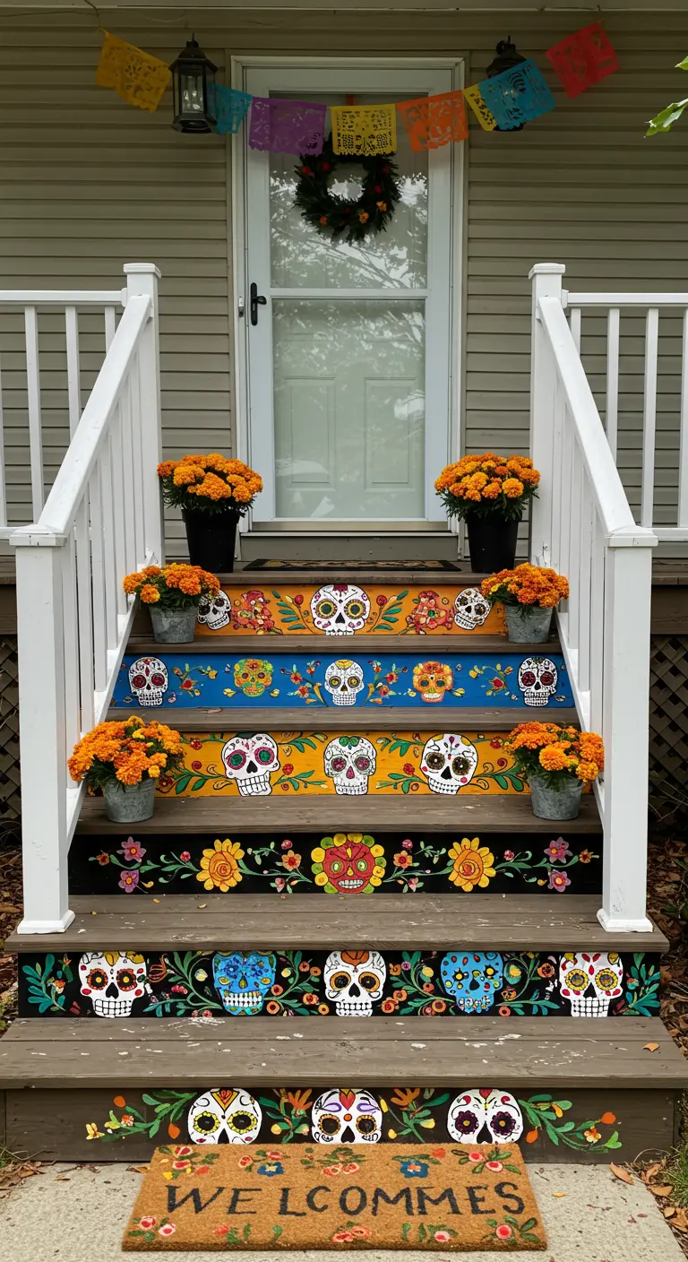 Contrahuellas de una escalera de madera pintadas a mano con calaveras y flores de colores.