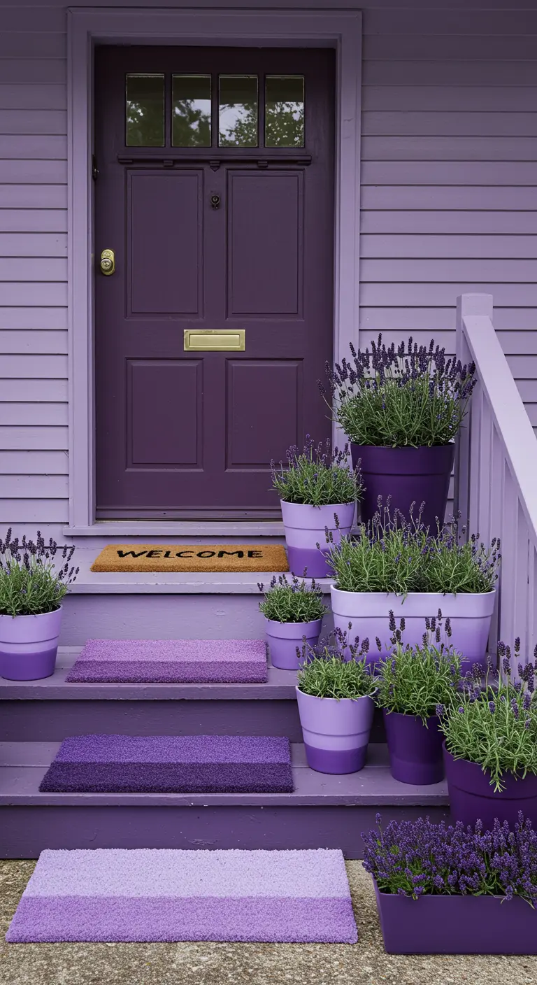 Escalones de entrada pintados en un degradado de tonos lavanda, con macetas a juego.