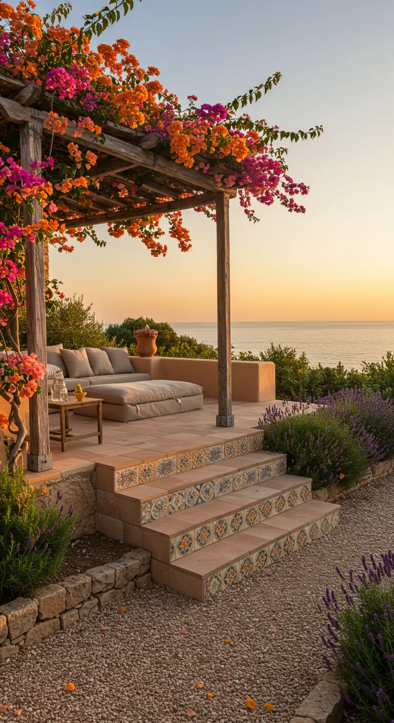 Terraza con pérgola de madera y buganvillas, con escalones decorados con azulejos de colores.