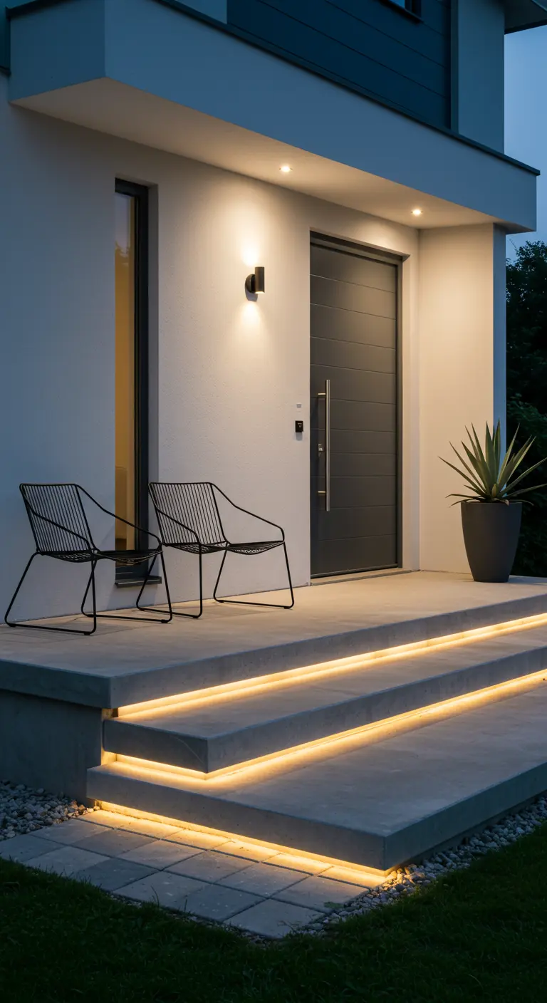 Escalones de hormigón modernos iluminados con tiras de LED cálidas en la entrada de una casa.