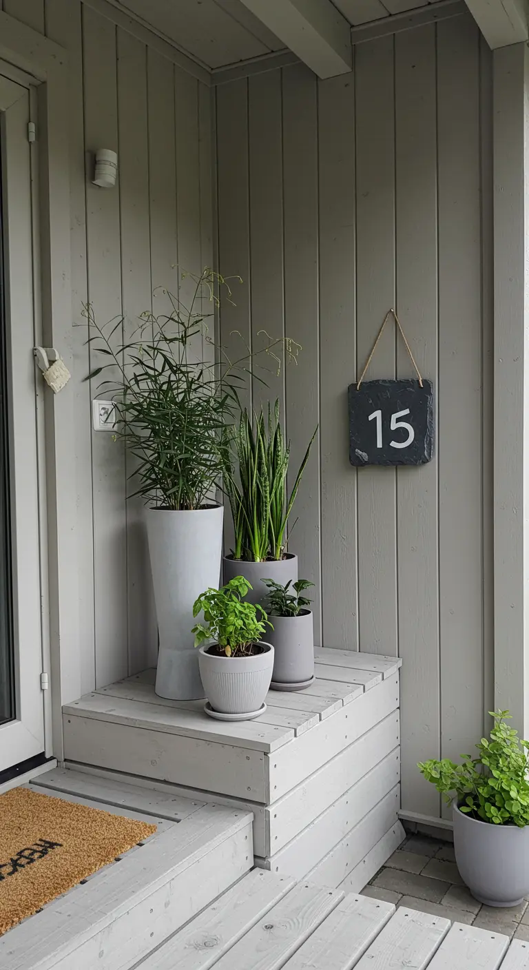 Composición de macetas modernas en tonos grises y blancos sobre unos escalones de madera pintada de blanco.