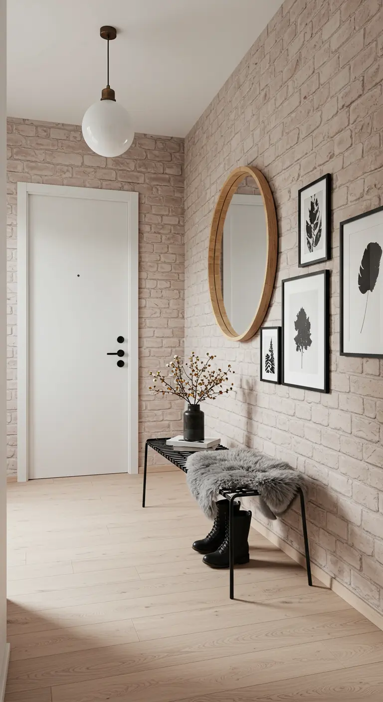 Recibidor con pared de ladrillo rosa pálido, banco negro con piel de oveja y un espejo de madera.