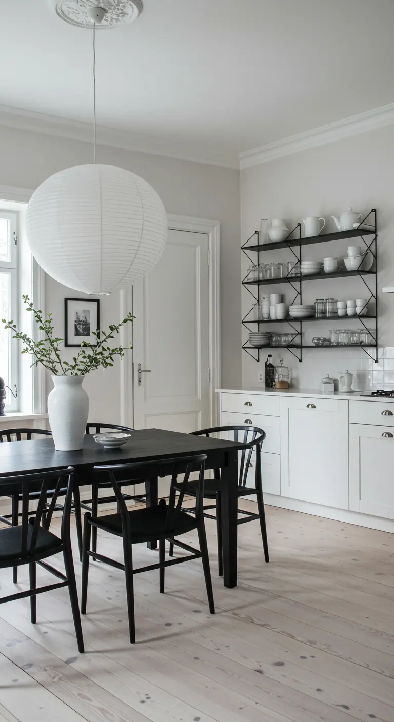 Comedor de estilo nórdico con mesa y sillas negras, lámpara de papel y estanterías abiertas.