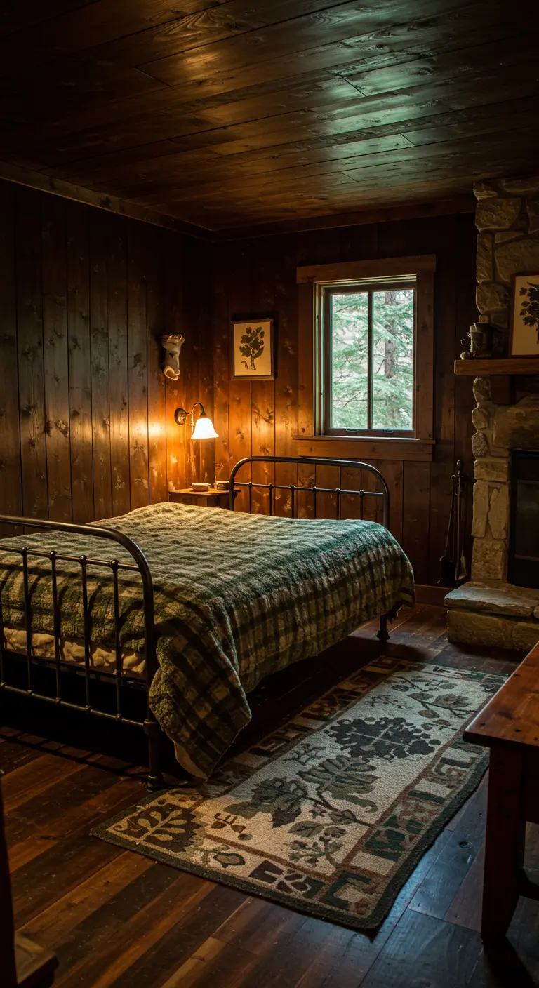 Dormitorio rústico tipo cabaña con paredes de madera oscura, cama de hierro y colcha de cuadros.