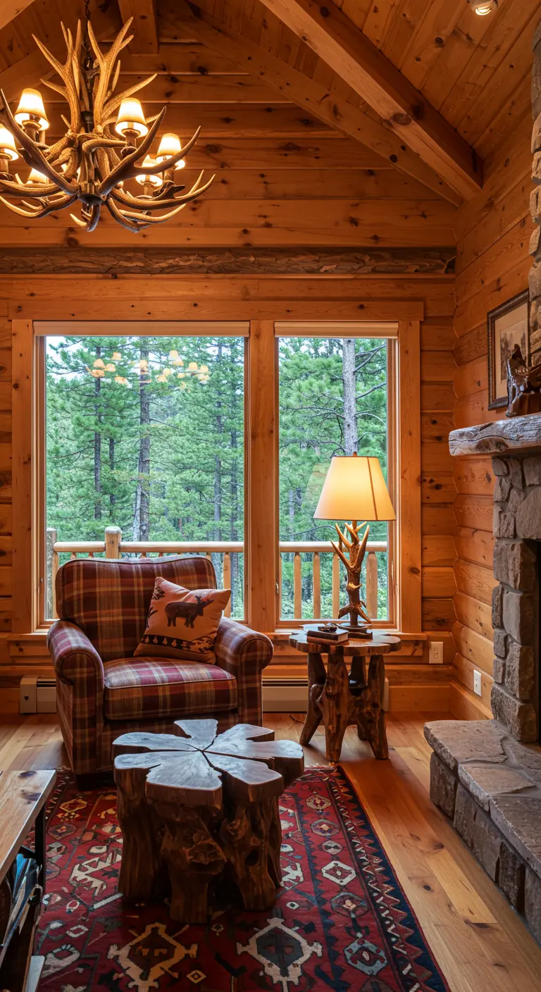 Rincón de lectura en una cabaña de madera con sillón de cuadros, chimenea de piedra y vistas al bosque.
