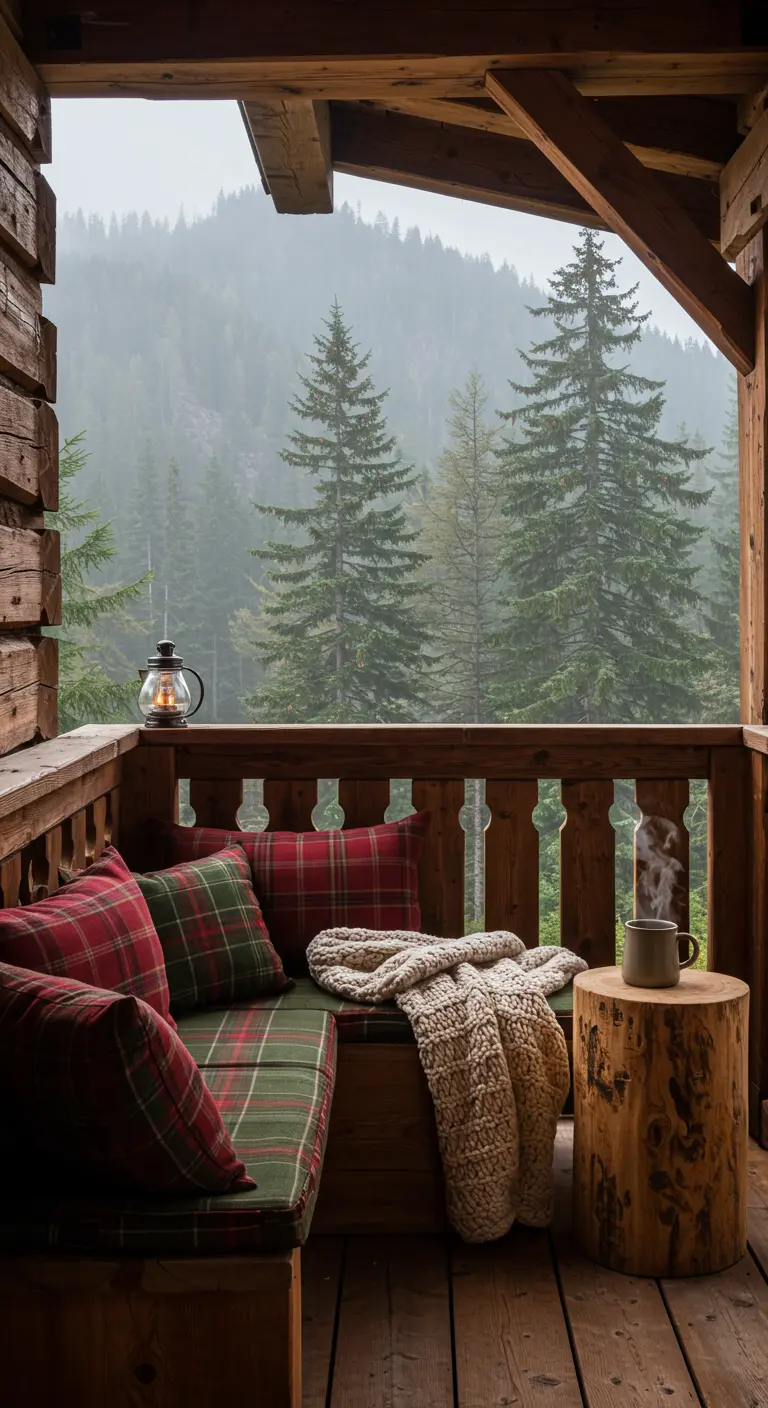 Balcón rústico de madera con cojines de tartán y vistas a un bosque.