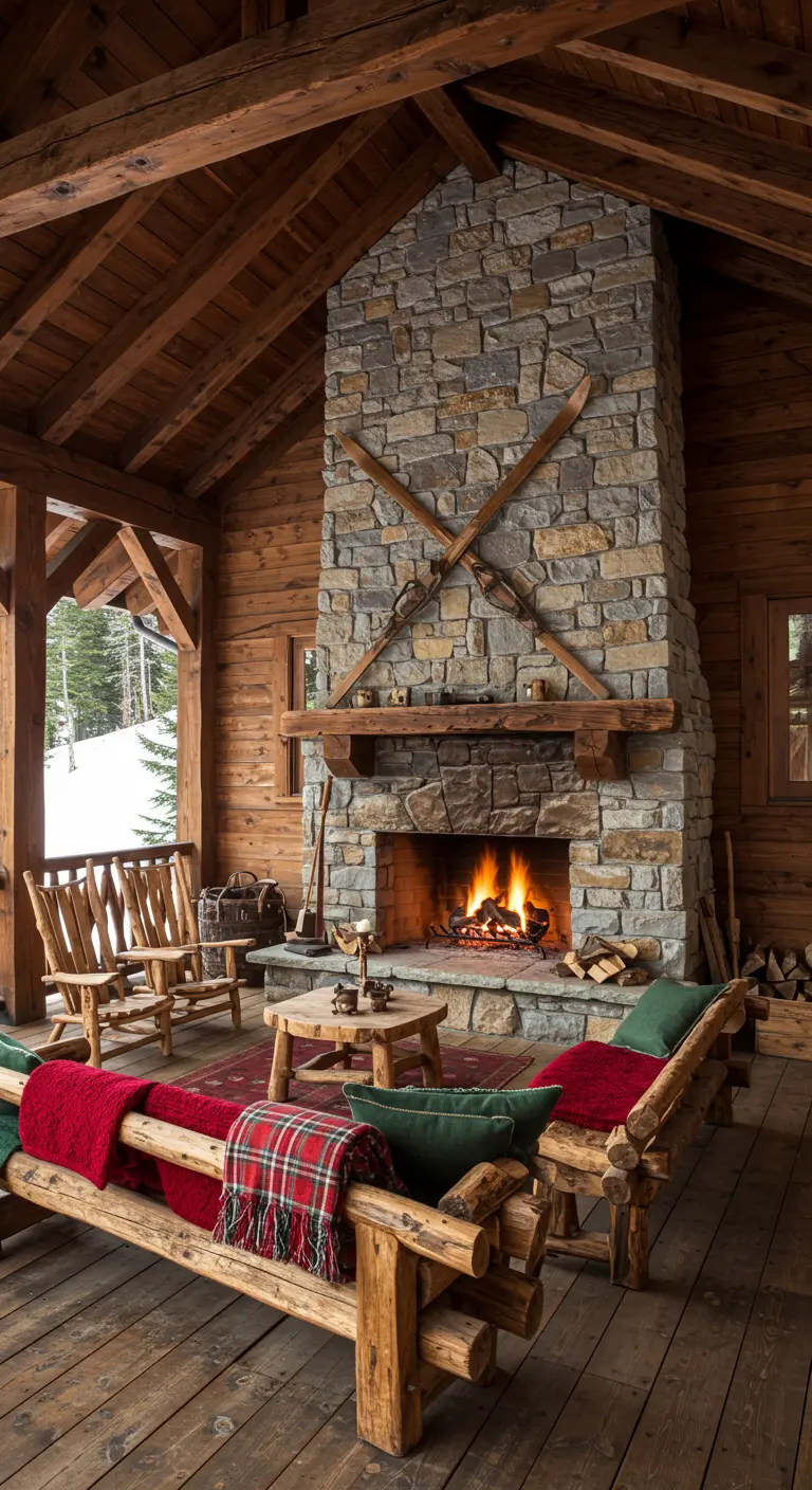 Porche rústico de madera con chimenea de piedra, muebles de troncos y mantas de tartán.