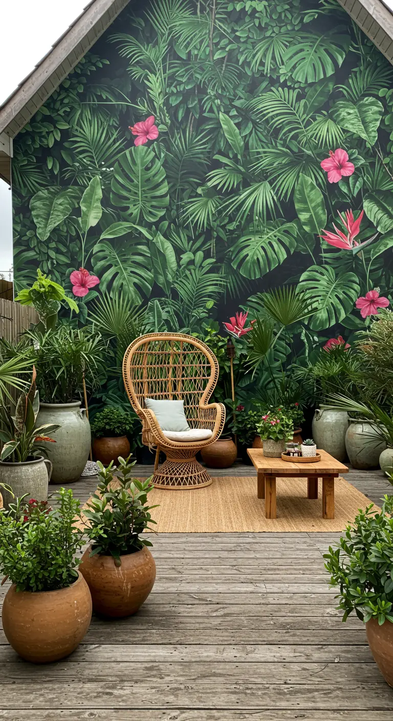 Patio con un mural de pared completo de una jungla frondosa y una silla de mimbre.