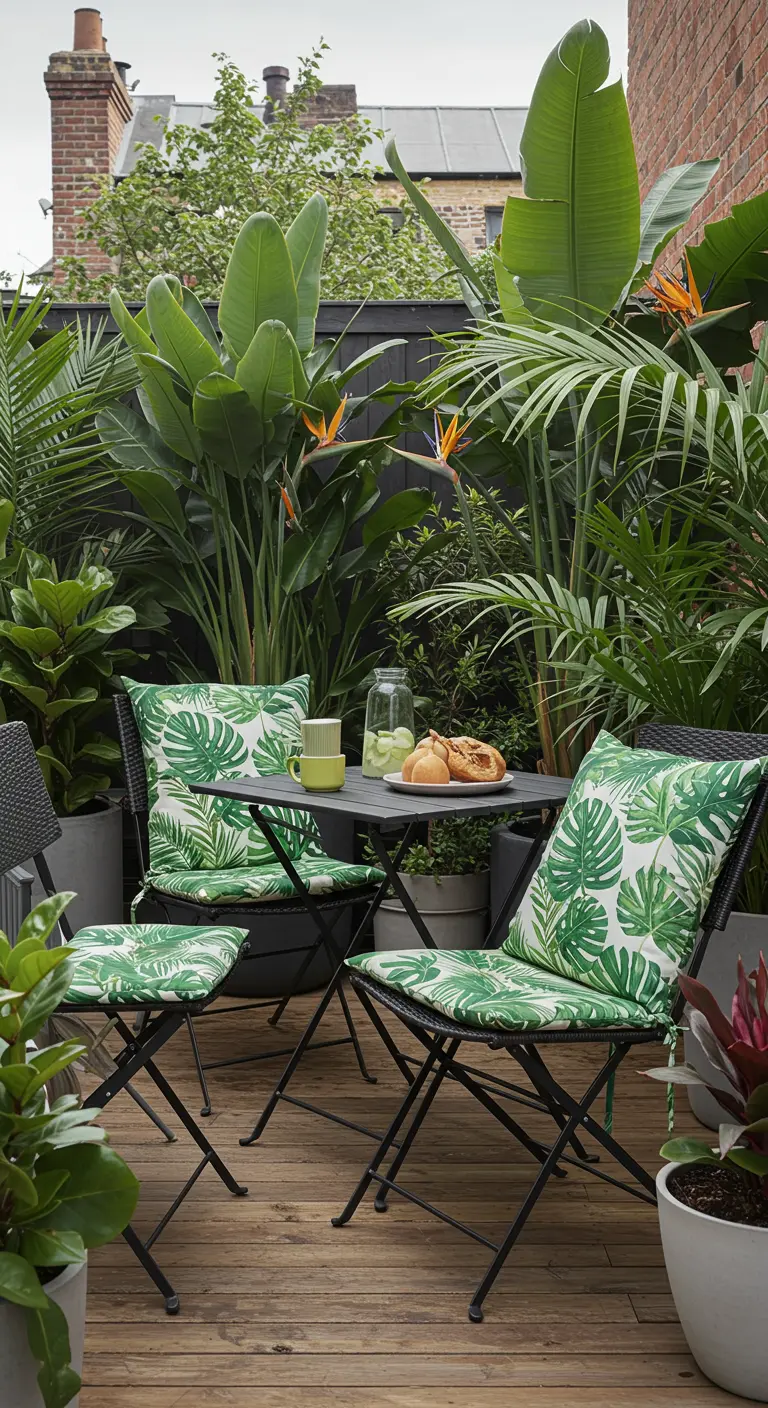 Conjunto de comedor plegable negro con cojines de estampado de hojas tropicales verdes.