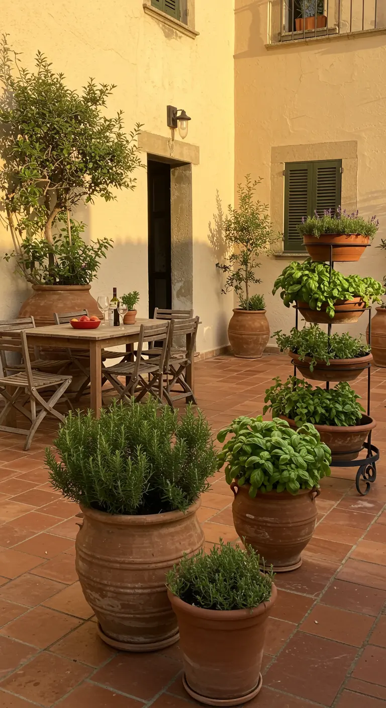 Patio de estilo mediterráneo con macetas de terracota llenas de romero, albahaca y lavanda
