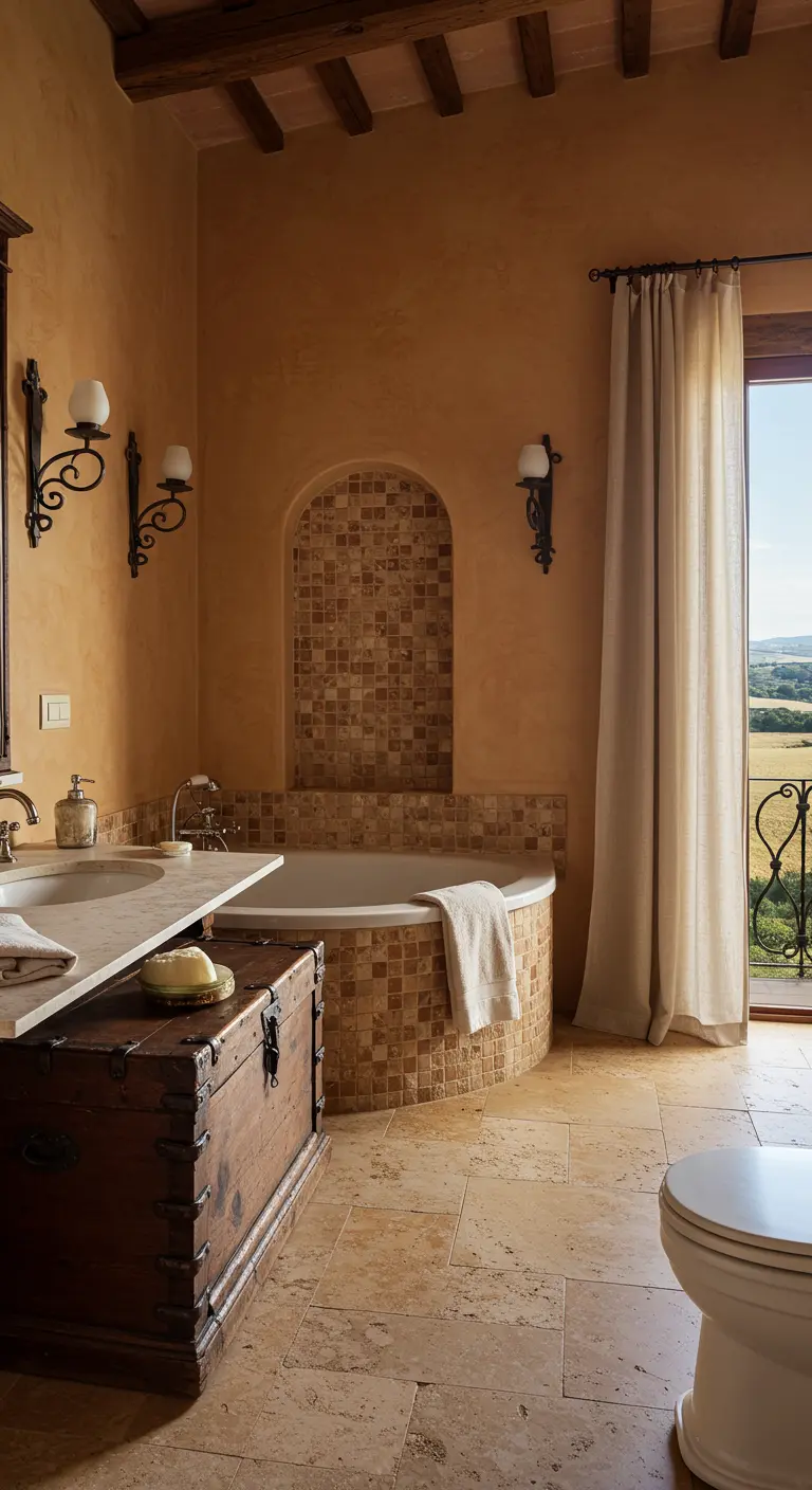 Baño de estilo toscano con un baúl antiguo como mueble de lavabo y una bañera en un nicho arqueado.