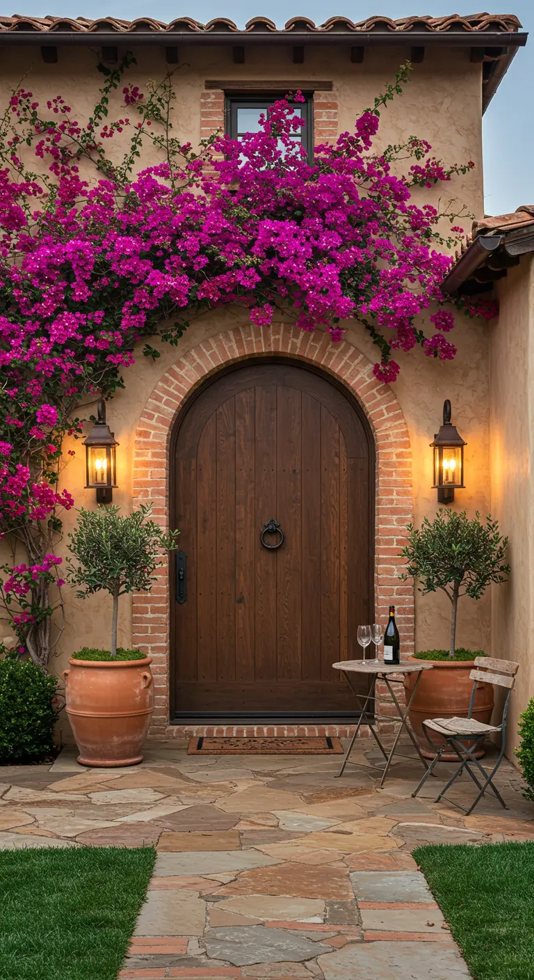Entrada de estilo mediterráneo con una puerta de madera arqueada, buganvillas y una mesa para vino.