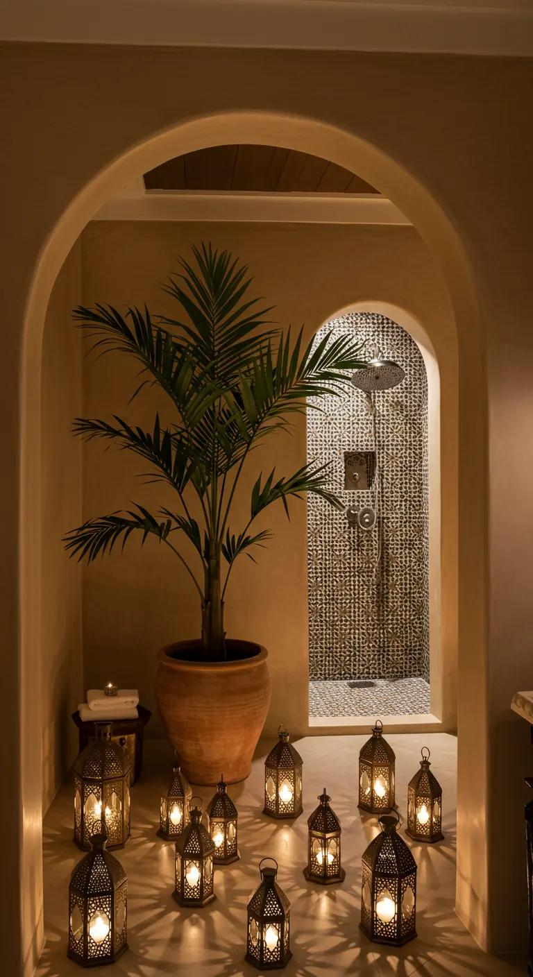 Baño de inspiración marroquí con arco, farolillos y una gran palmera.