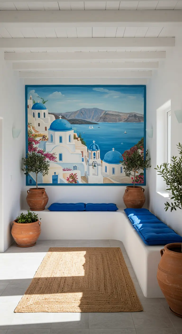 Patio de estilo griego con un mural de Santorini, cojines azules y macetas de terracota.
