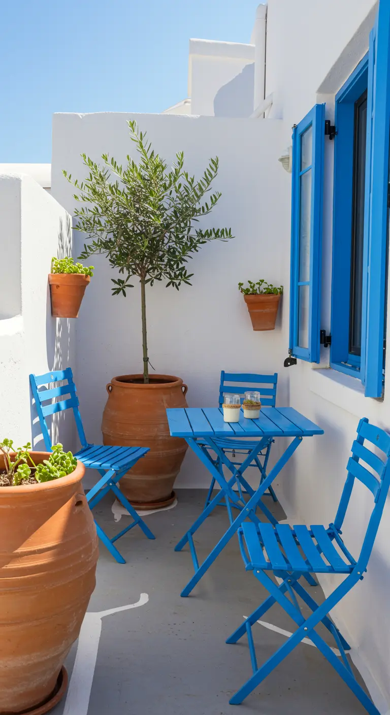 Mobiliario plegable de color azul brillante en un patio blanco de estilo mediterráneo.