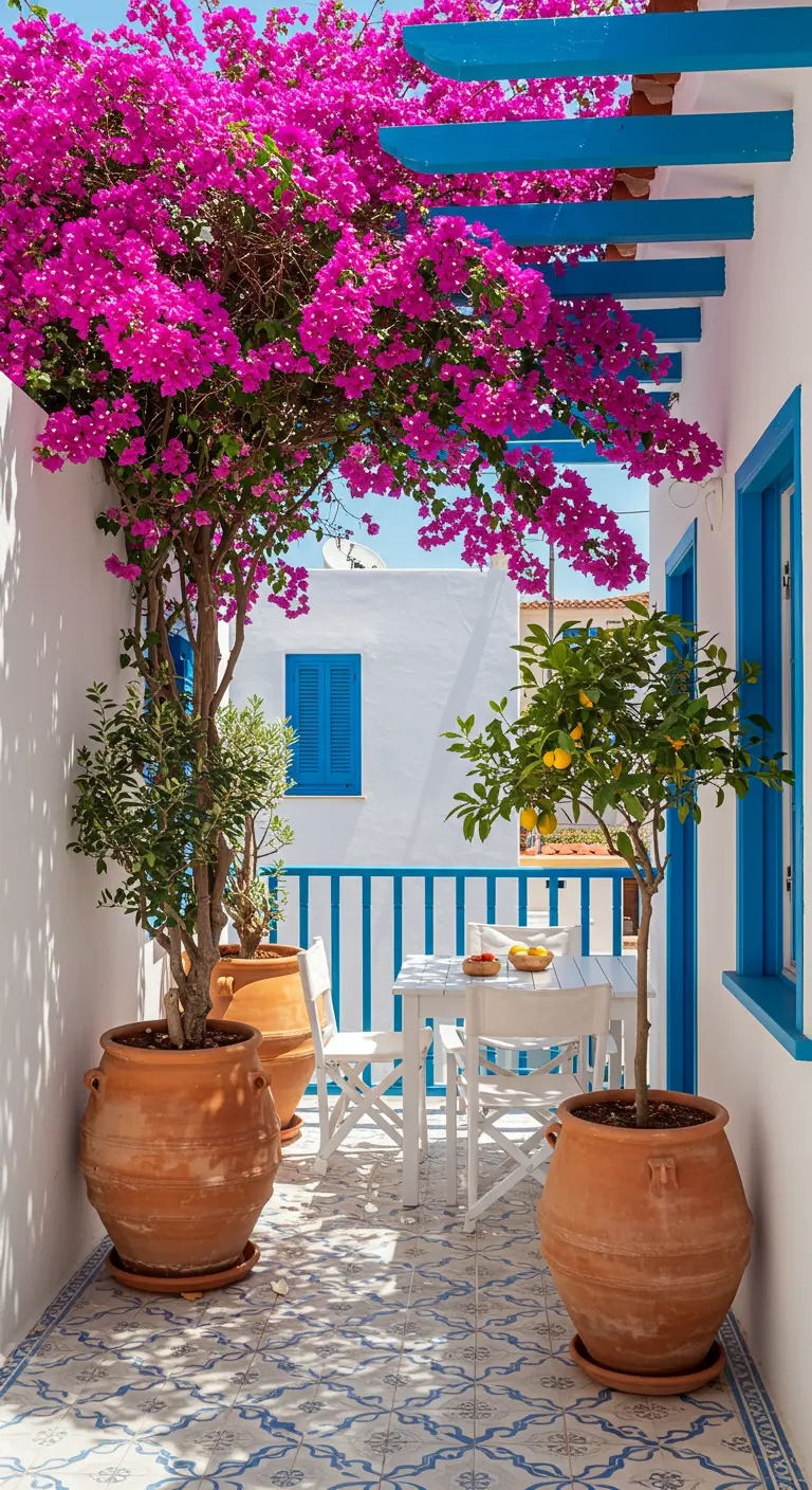 Terraza de estilo griego con una explosiva buganvilla fucsia, muebles blancos y detalles en azul.