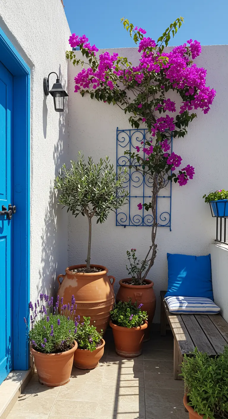 Balcón de estilo mediterráneo con buganvilla, olivo, lavanda en macetas de terracota y puerta azul.
