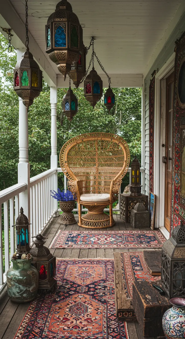 Porche bohemio con alfombras persas, un sillón de mimbre pavo real y faroles marroquíes de colores.