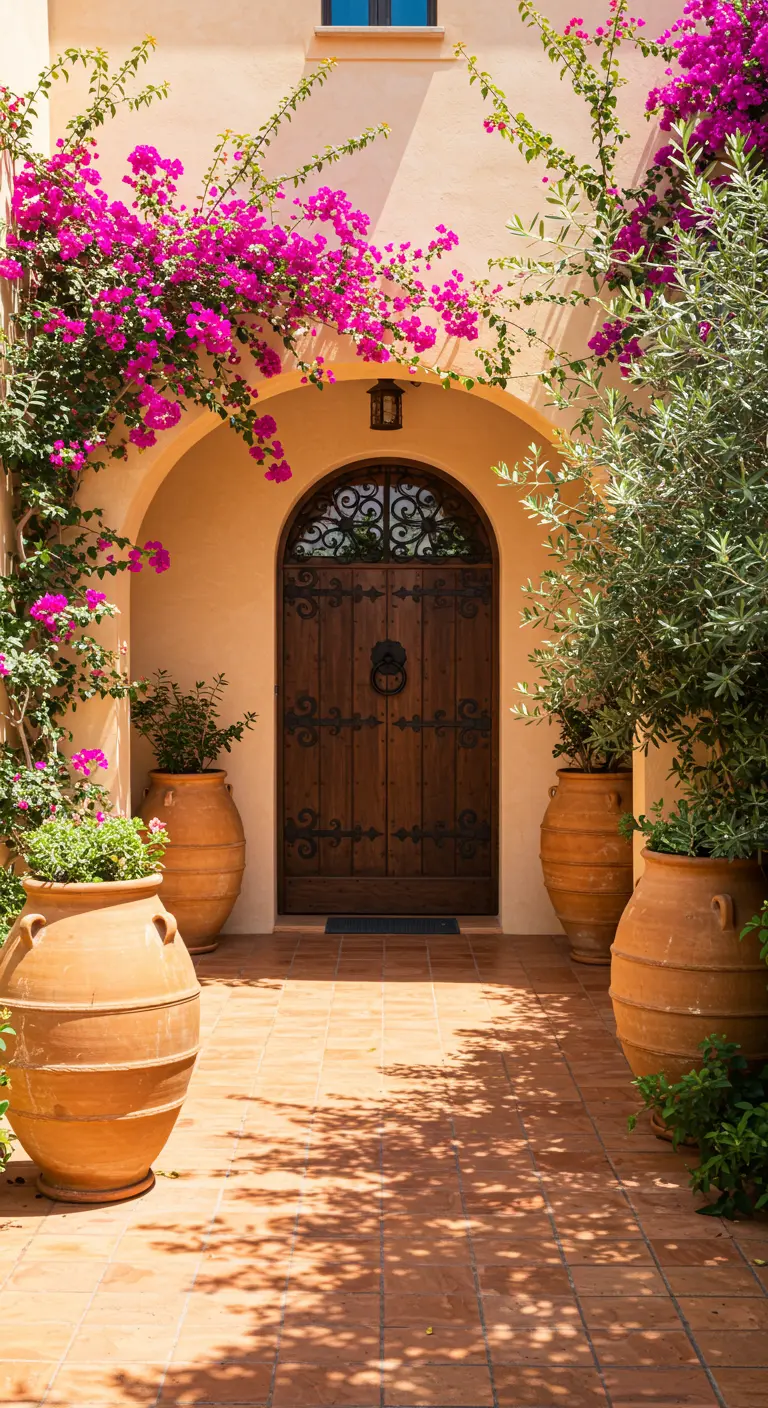 Entrada de estilo mediterráneo con puerta de madera, buganvillas fucsias y grandes vasijas de terracota.