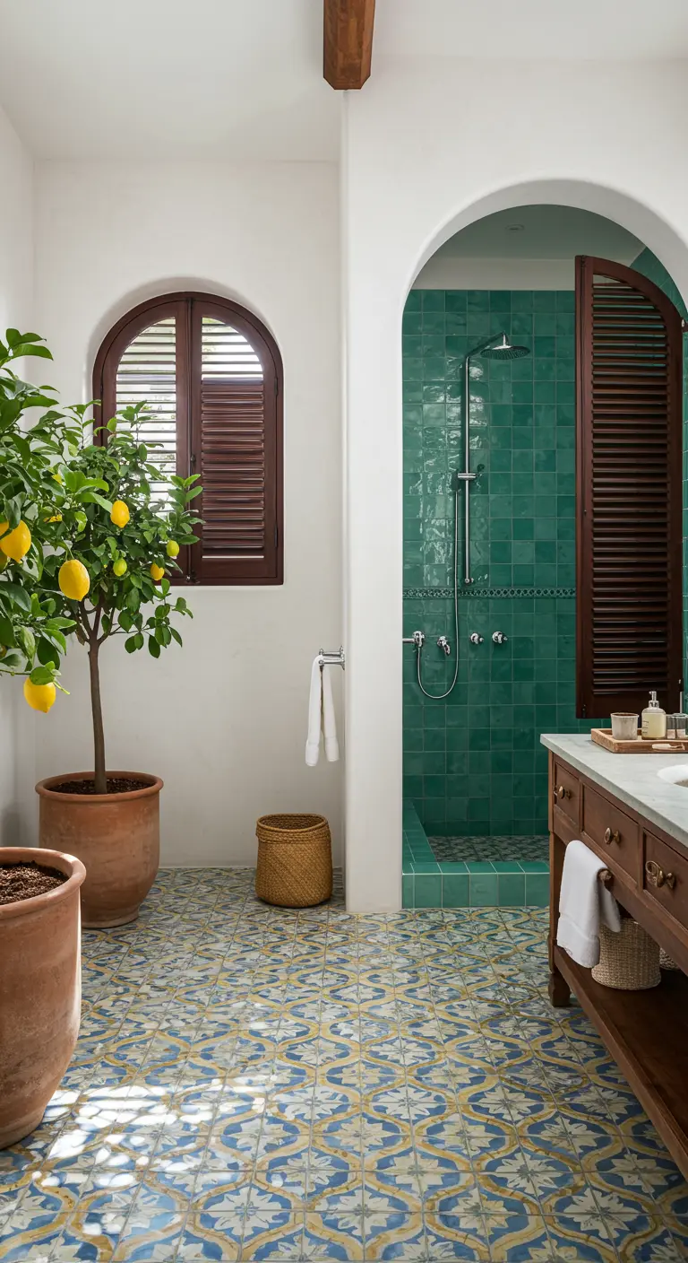 Baño de estilo mediterráneo con baldosas estampadas, paredes blancas y un limonero