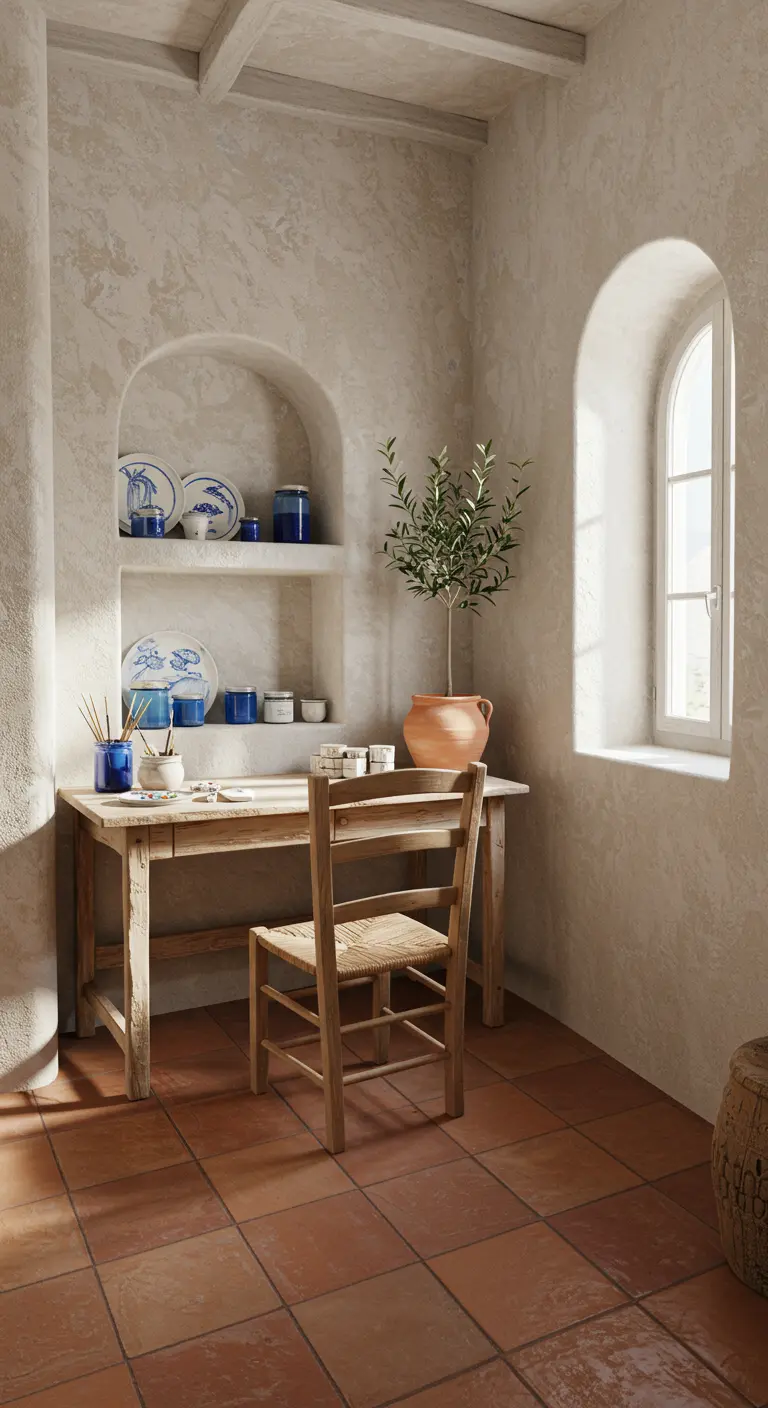 Rincón de cerámica de estilo mediterráneo con paredes texturizadas y nichos.