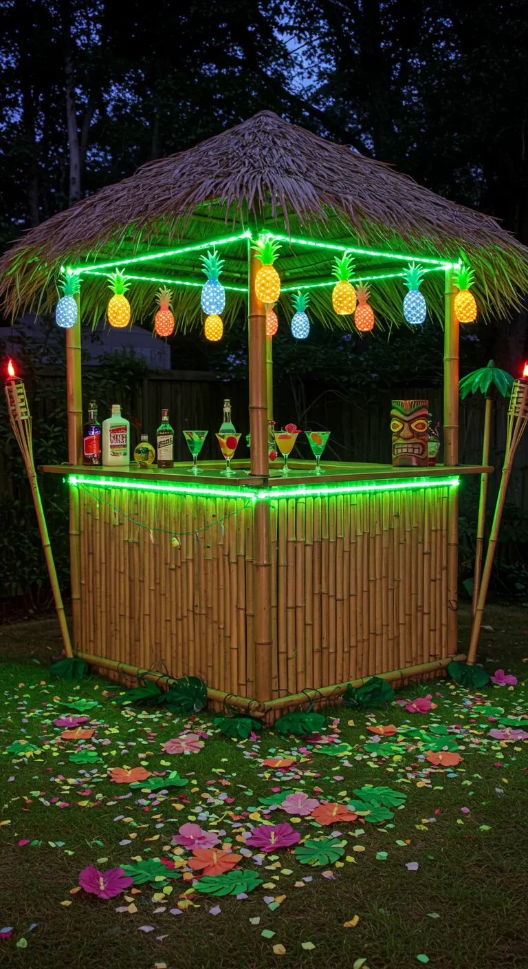 Bar tiki de bambú en un jardín, iluminado con luces verdes de neón y guirnaldas de piñas.