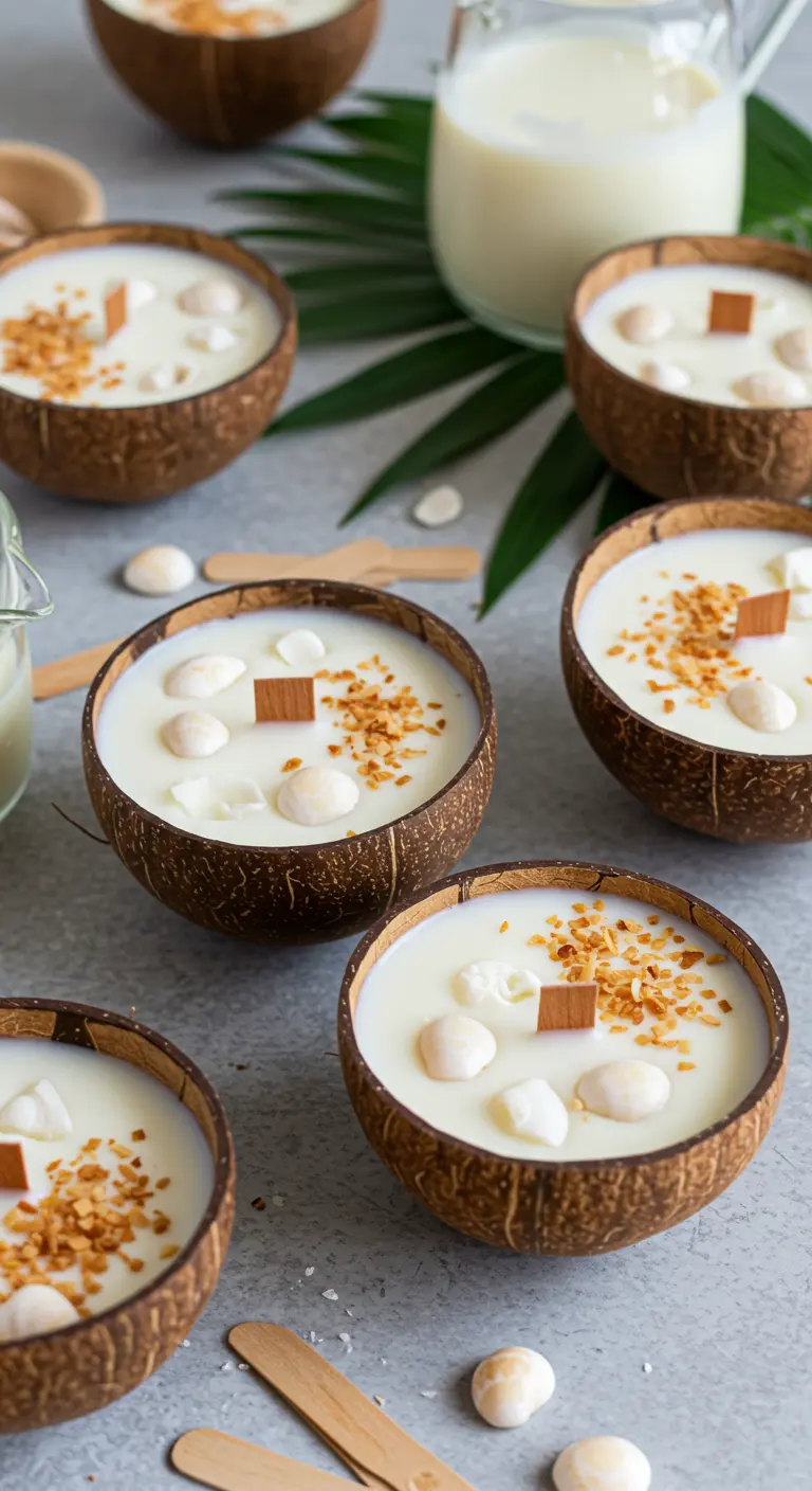 Velas caseras de cera blanca vertidas en cáscaras de coco y decoradas con coco tostado