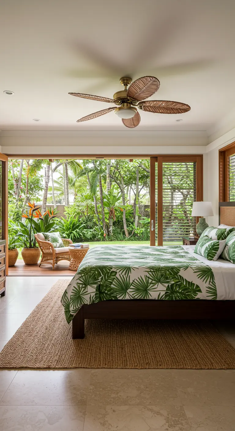 Dormitorio con ropa de cama con estampado de hojas de palma y vistas a un jardín tropical.