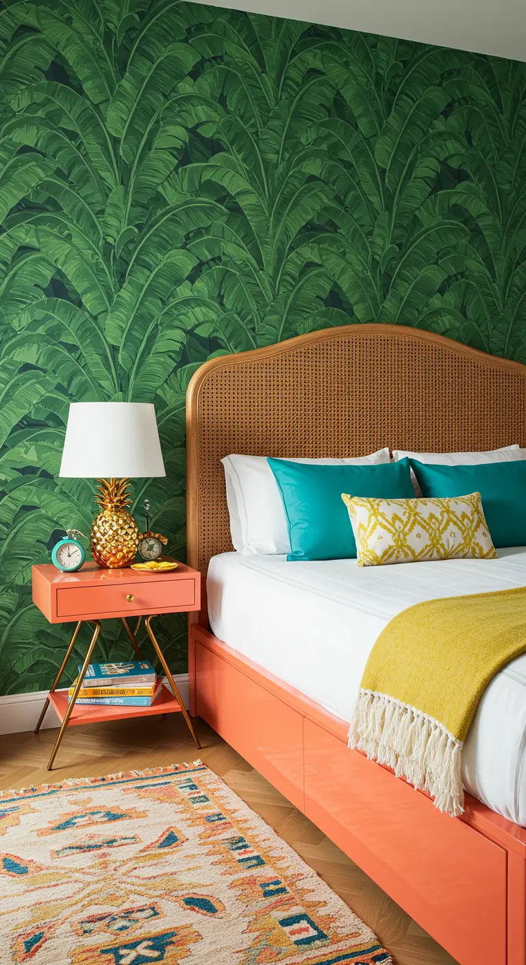 Dormitorio con papel tapiz de hojas de palma verdes, cabecero de ratán y cama color coral.