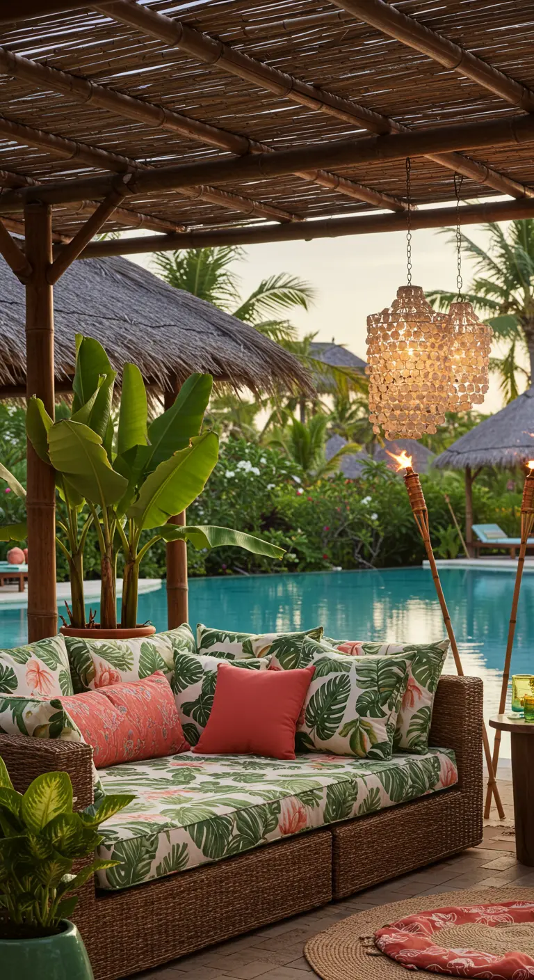 Pérgola de bambú junto a la piscina con sofá de mimbre y cojines tropicales.