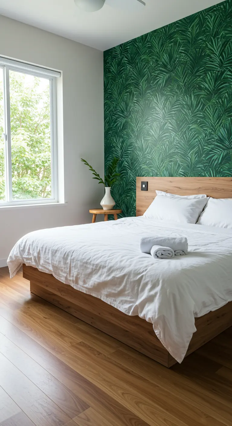 Dormitorio moderno con pared de acento de papel tapiz con patrón de hojas de palma verdes.