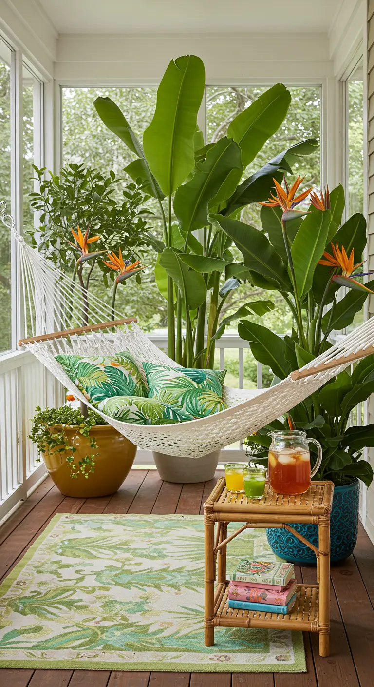 Porche de estilo tropical con una hamaca, grandes plantas y cojines con estampado de hojas.