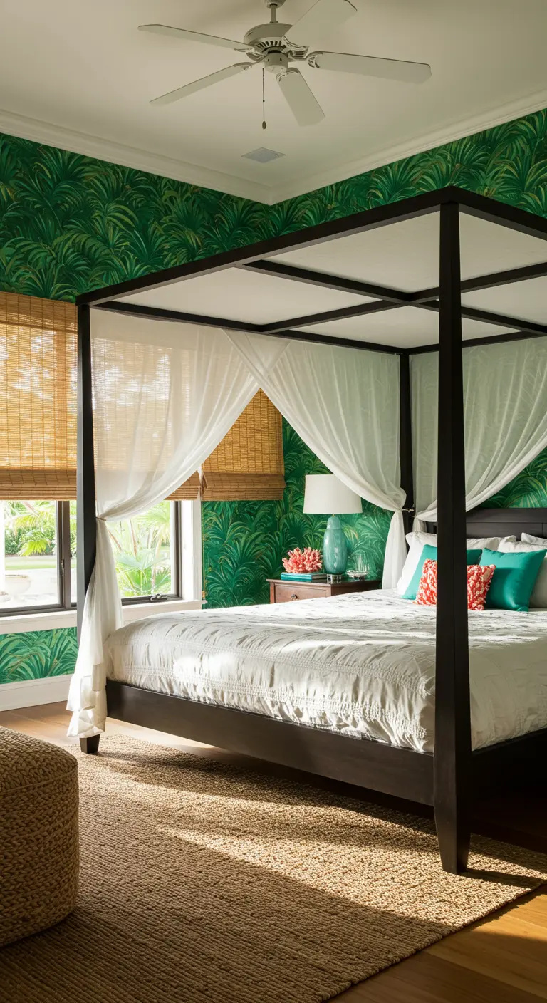 Dormitorio con papel pintado de hojas de palmera, cama con dosel y cortinas blancas.