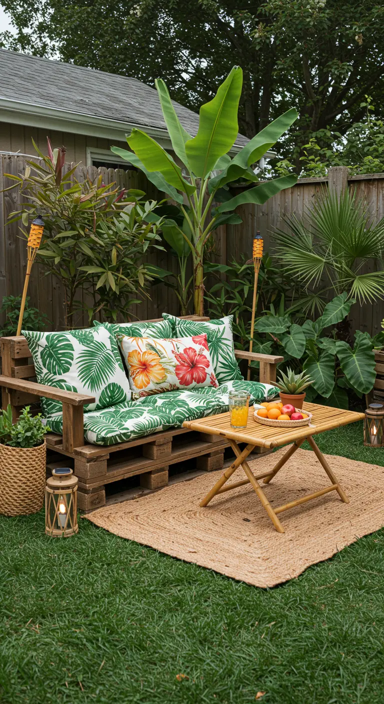 Sofá de palets de madera con cojines de estampado tropical en un jardín exuberante.