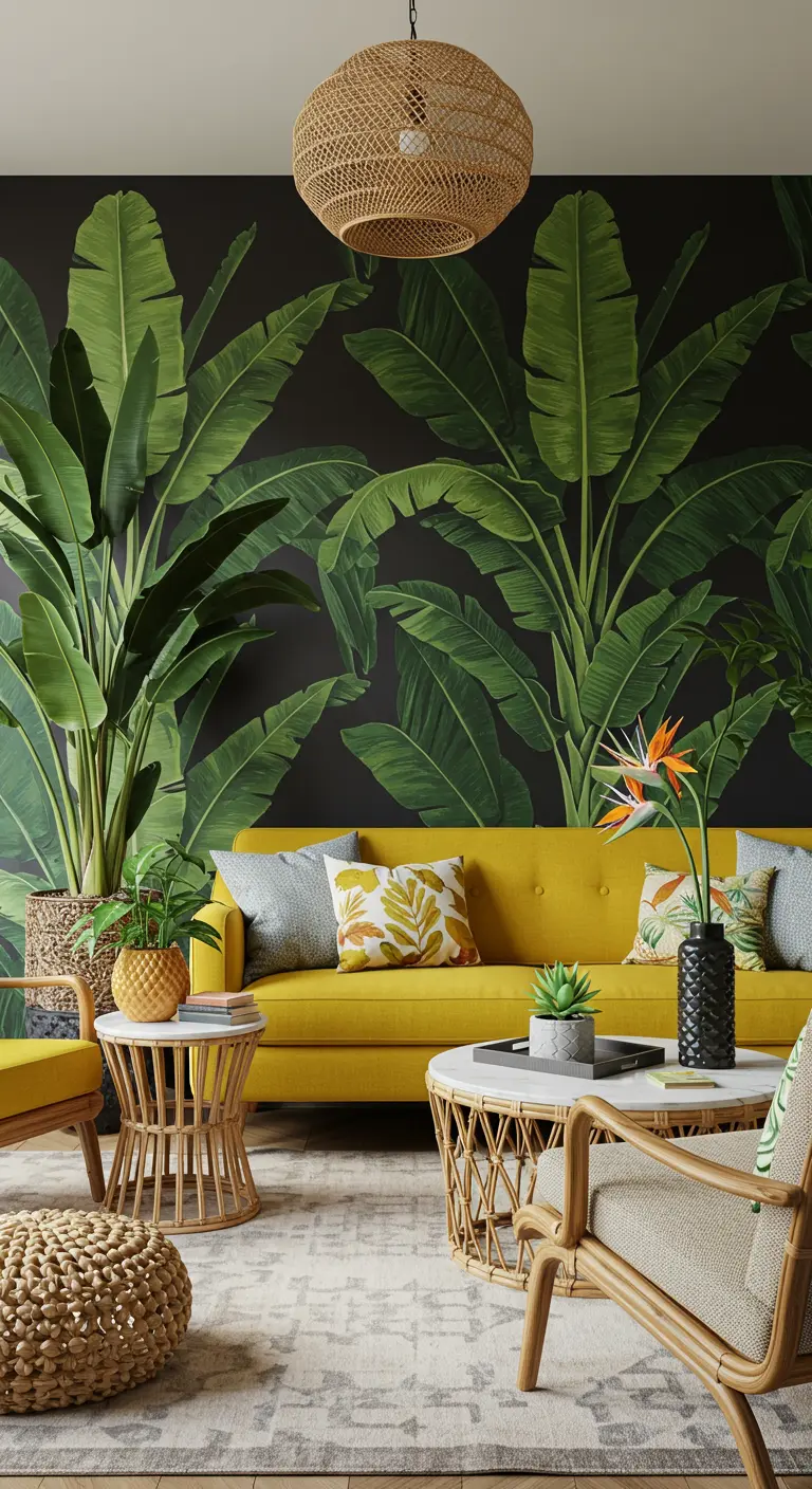 Sofá mostaza frente a una pared con papel pintado de hojas de plátano y muebles de ratán.