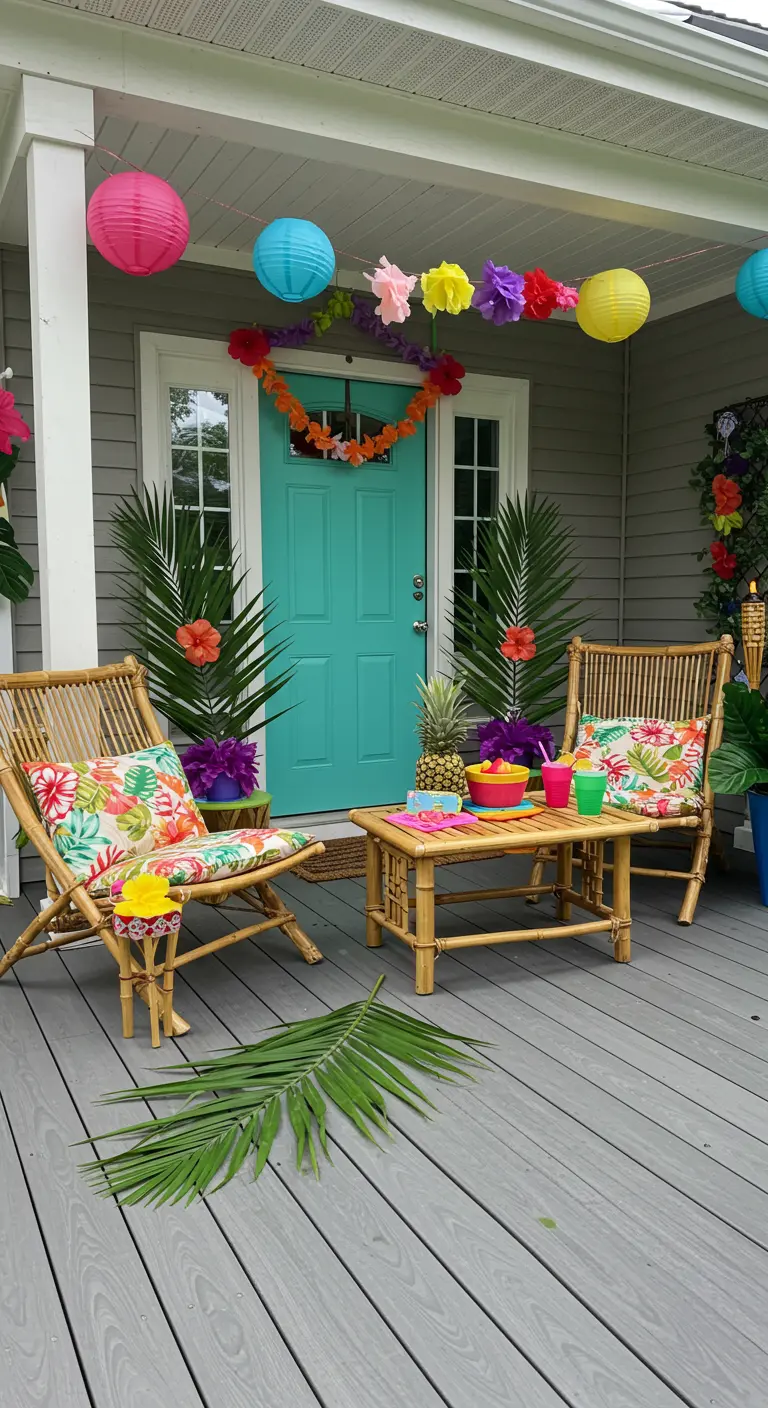 Decoración de cumpleaños tropical en un porche con muebles de bambú y hojas de palmera.