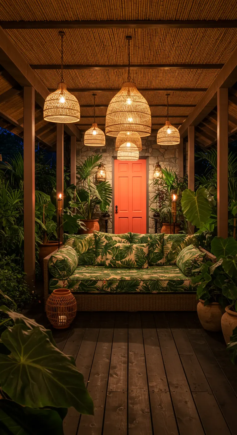 Porche cubierto de estilo tropical con sofá estampado, lámparas de ratán y exuberantes plantas.
