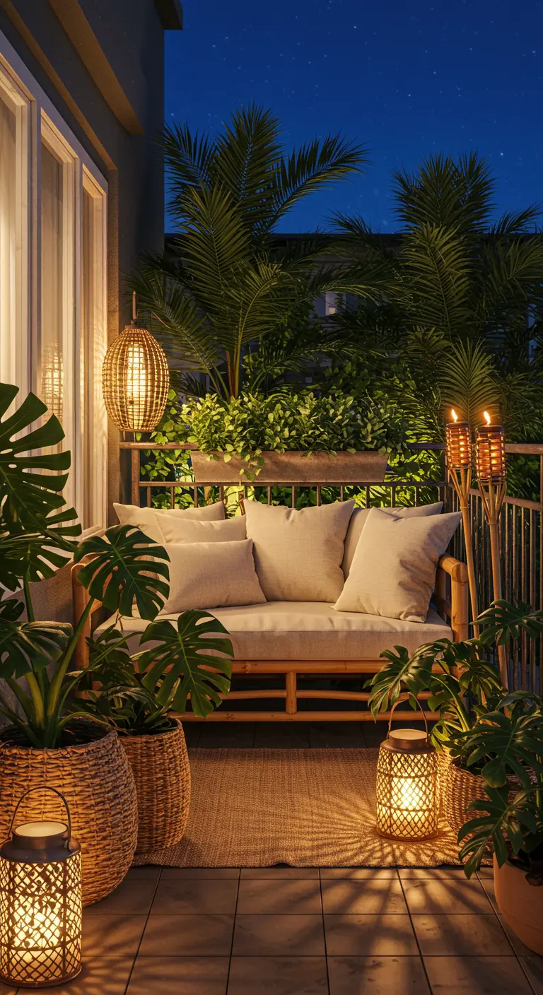 Balcón tropical con sofá de bambú, plantas frondosas como monsteras y palmeras, y antorchas.
