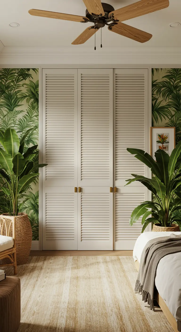 Armario con puertas de lamas blancas en una habitación con papel pintado de hojas de palmera.