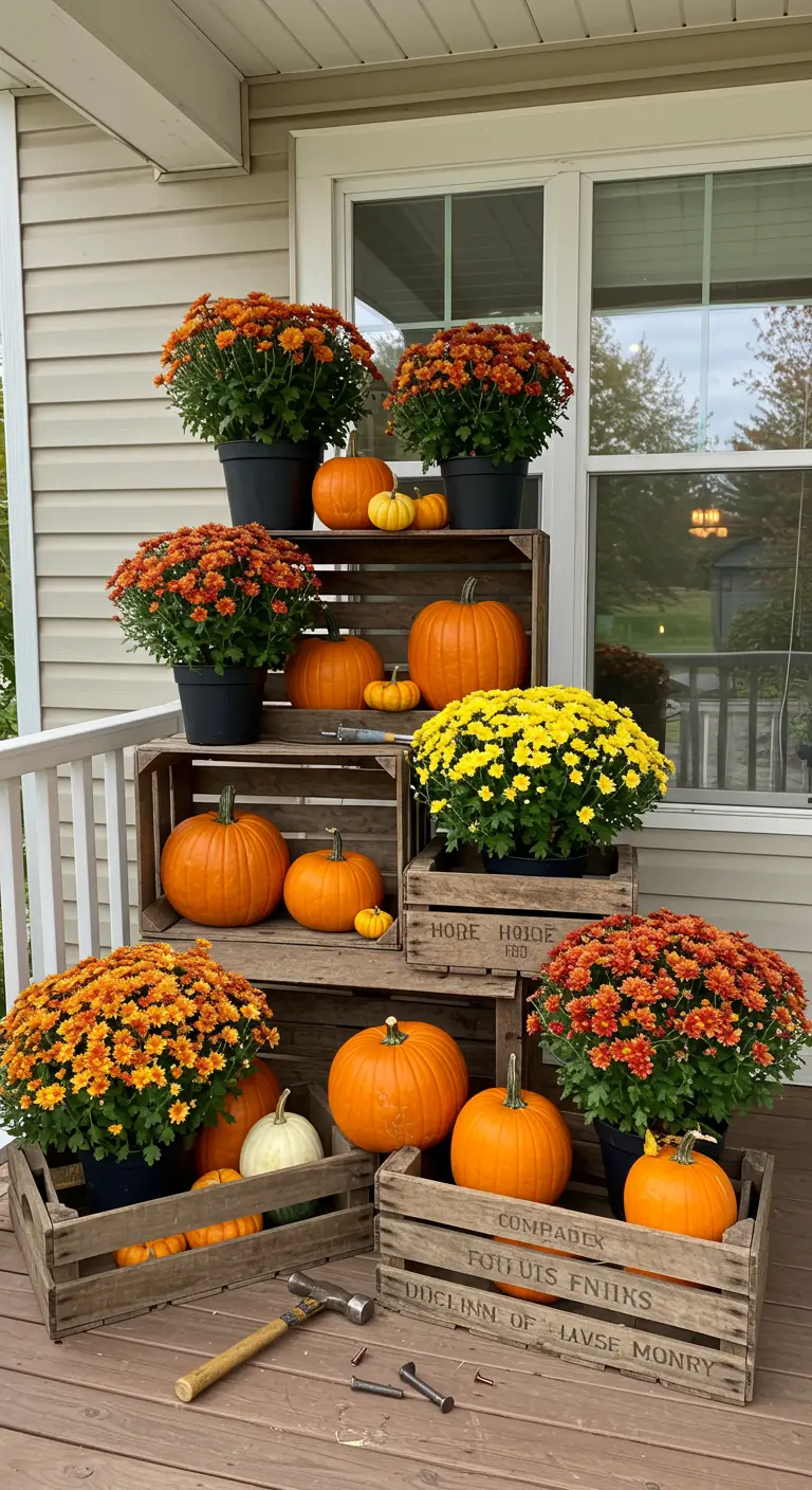Expositor de porche con cajas de madera a diferentes alturas, decorado con calabazas y flores de otoño.
